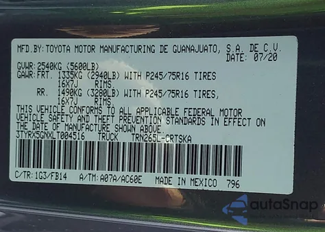 2020 Toyota Tacoma Sr from USA, damaged, VIN 3TYRX5GNXLT004516